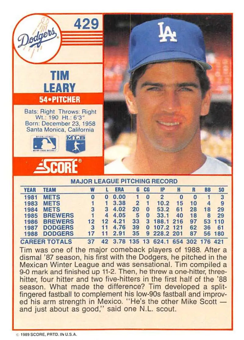 1989 Score #429 Tim Leary NM-MT Los Angeles Dodgers Baseball Card - Baseball Card Single