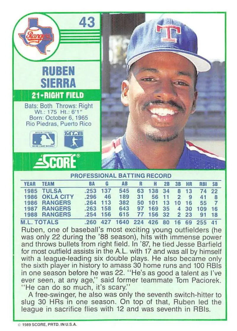 1989 Score #43 Ruben Sierra NM-MT Rangers ID:80217 - Baseball Card Single