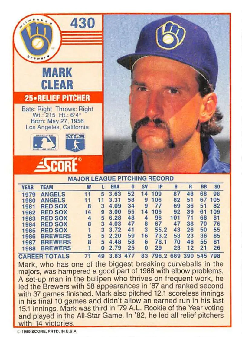 1989 Score #430 Mark Clear NM-MT Milwaukee Brewers Baseball Card - Baseball Card Single