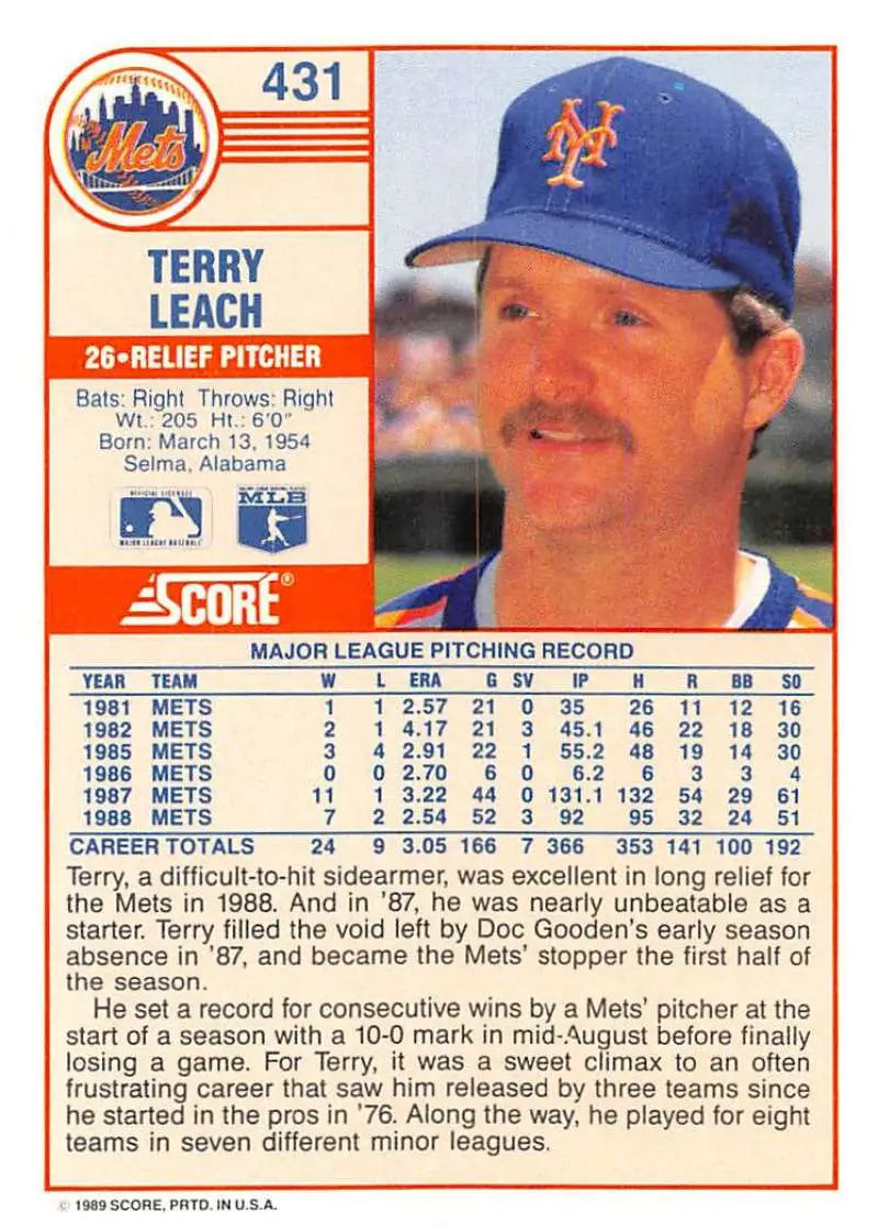 1989 Score #431 Terry Leach NM-MT New York Mets Baseball Card - Baseball Card Single