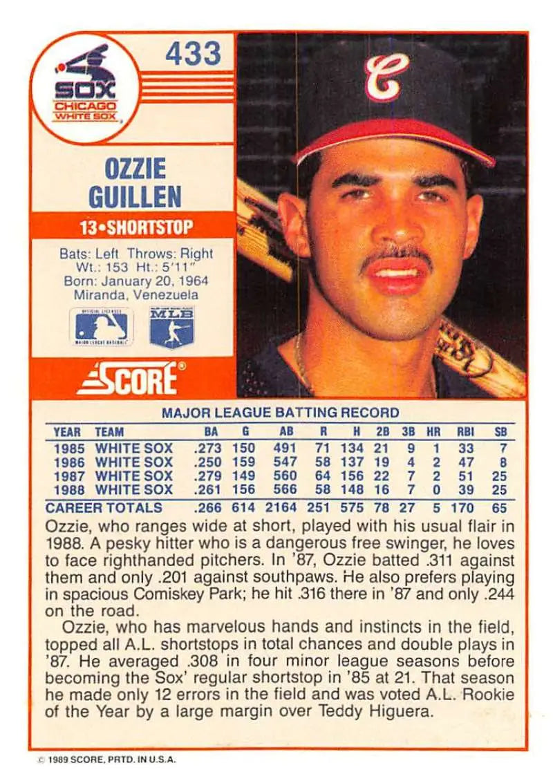 1989 Score #433 Ozzie Guillen NM-MT Chicago White Sox Baseball Card - Baseball Card Single