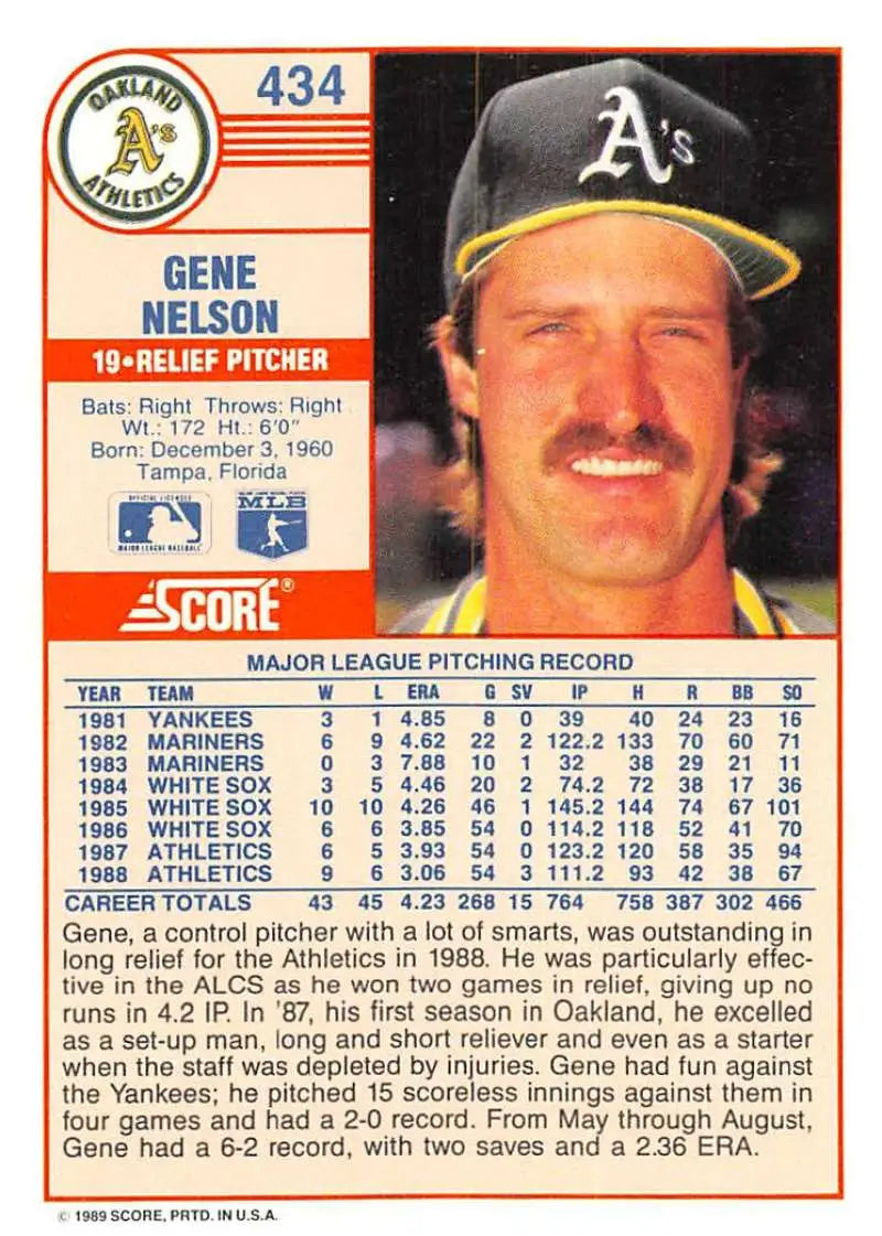 1989 Score #434 Gene Nelson NM-MT Oakland Athletics Baseball Card - Baseball Card Single