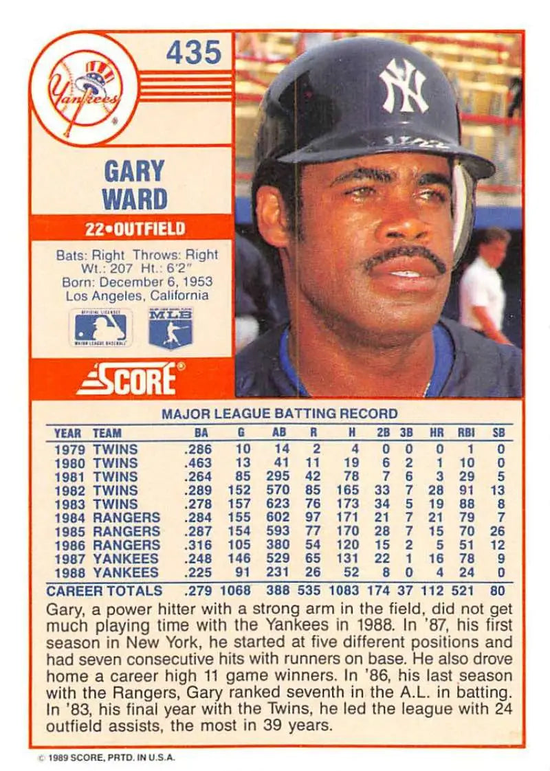 1989 Score #435 Gary Ward NM-MT New York Yankees Baseball Card - Baseball Card Single