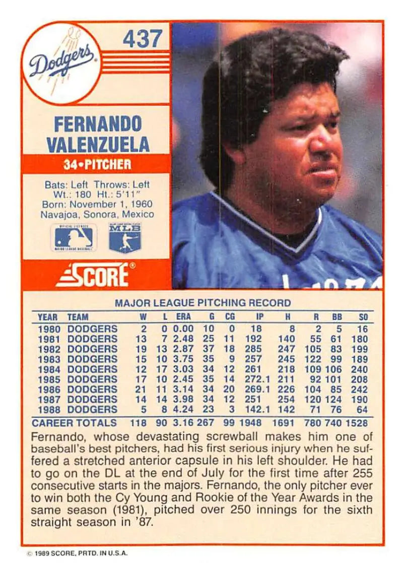 1989 Score #437 Fernando Valenzuela NM-MT Los Angeles Dodgers Baseball Card - Baseball Card Single