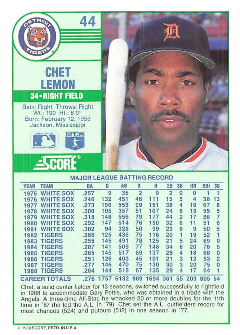 1989 Score #44 Chet Lemon NM-MT Detroit Tigers Baseball Card - Baseball Card Single