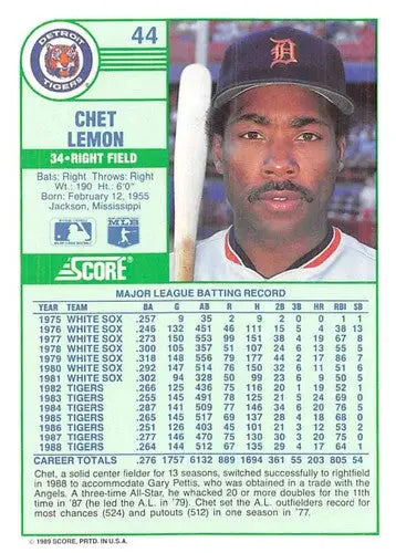 1989 Score #44 Chet Lemon NM-MT Tigers ID:80263 - Baseball Card Single