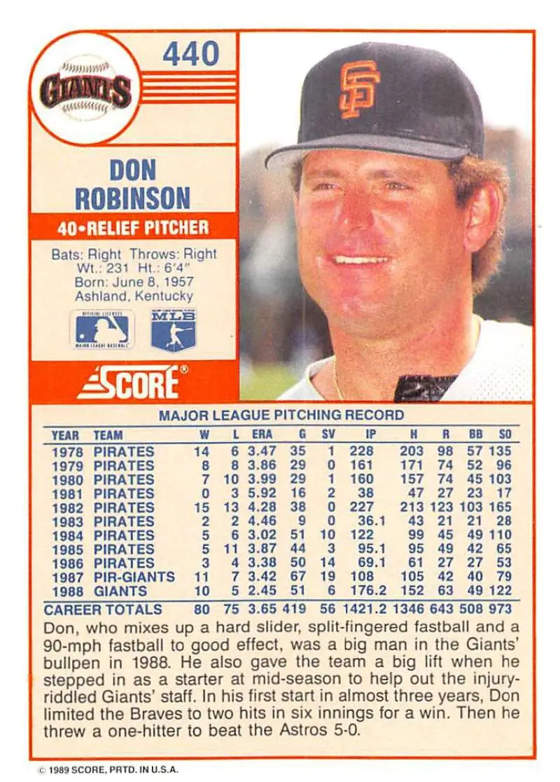 1989 Score #440 Don Robinson NM-MT San Francisco Giants Baseball Card - Baseball Card Single