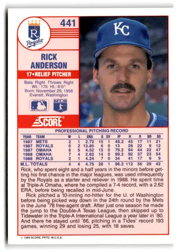 1989 Score #441 Rick Anderson EX/NM Royals ID:66782 - Baseball Card Single