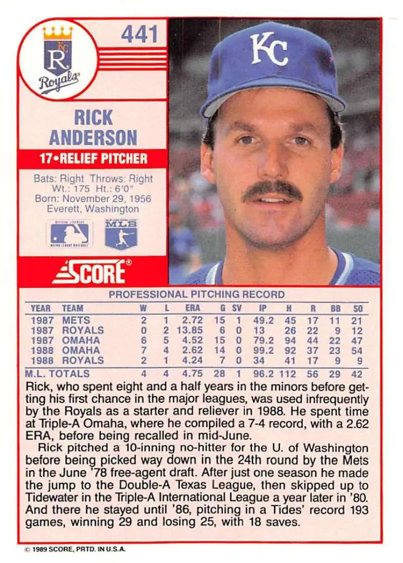 1989 Score #441 Rick Anderson NM-MT Kansas City Royals Baseball Card - Baseball Card Single
