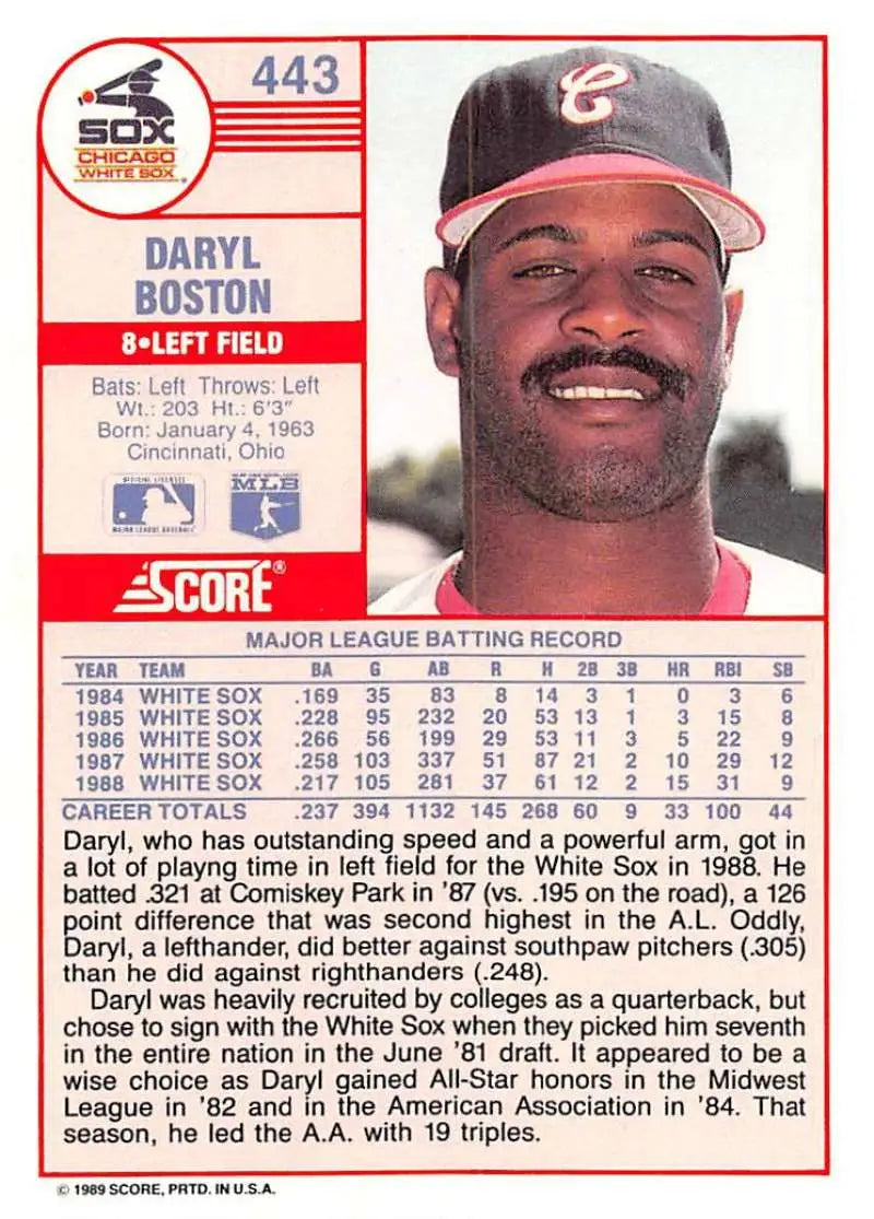 1989 Score #443 Daryl Boston NM-MT Chicago White Sox Baseball Card - Baseball Card Single