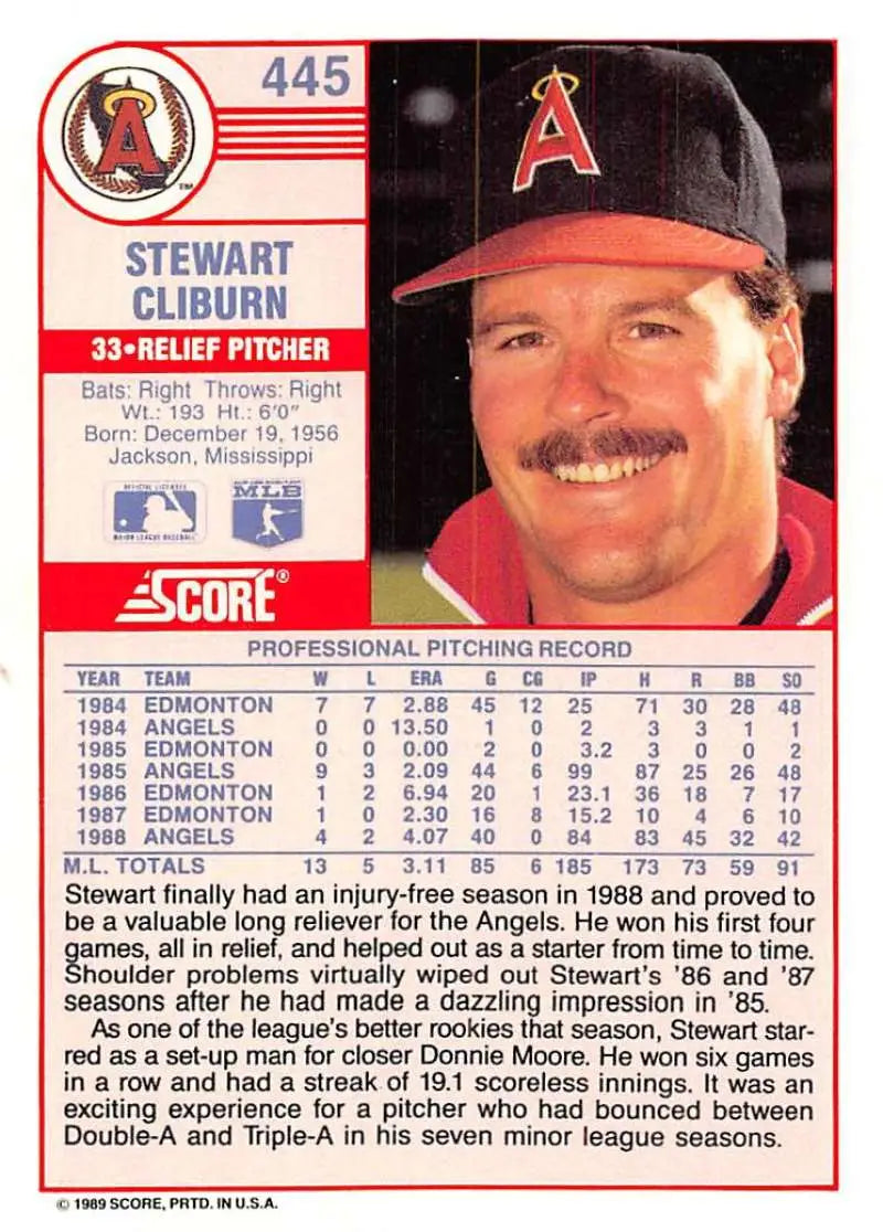1989 Score #445 Stew Cliburn NM-MT California Angels Baseball Card - Baseball Card Single