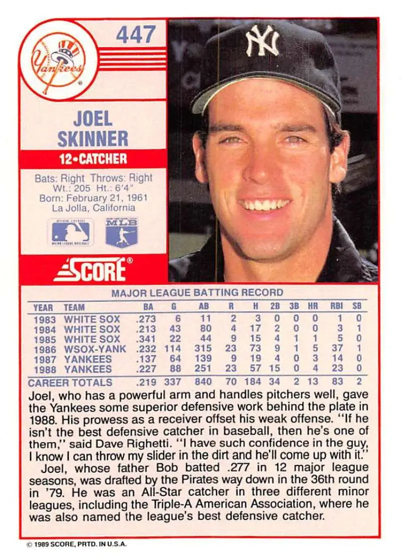1989 Score #447 Joel Skinner NM-MT New York Yankees Baseball Card - Baseball Card Single