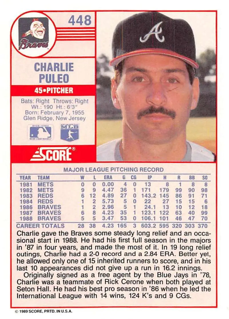 1989 Score #448 Charlie Puleo NM-MT Atlanta Braves Baseball Card - Baseball Card Single