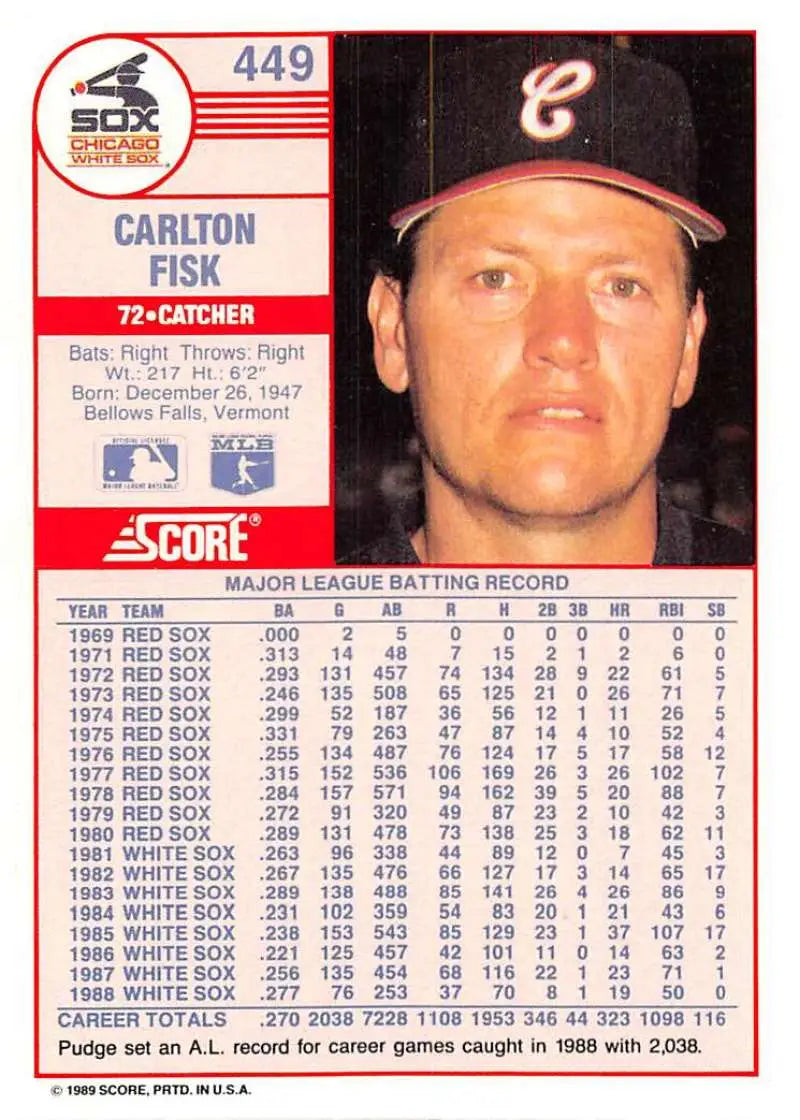 1989 Score #449 Carlton Fisk NM-MT Chicago White Sox Baseball Card - Baseball Card Single