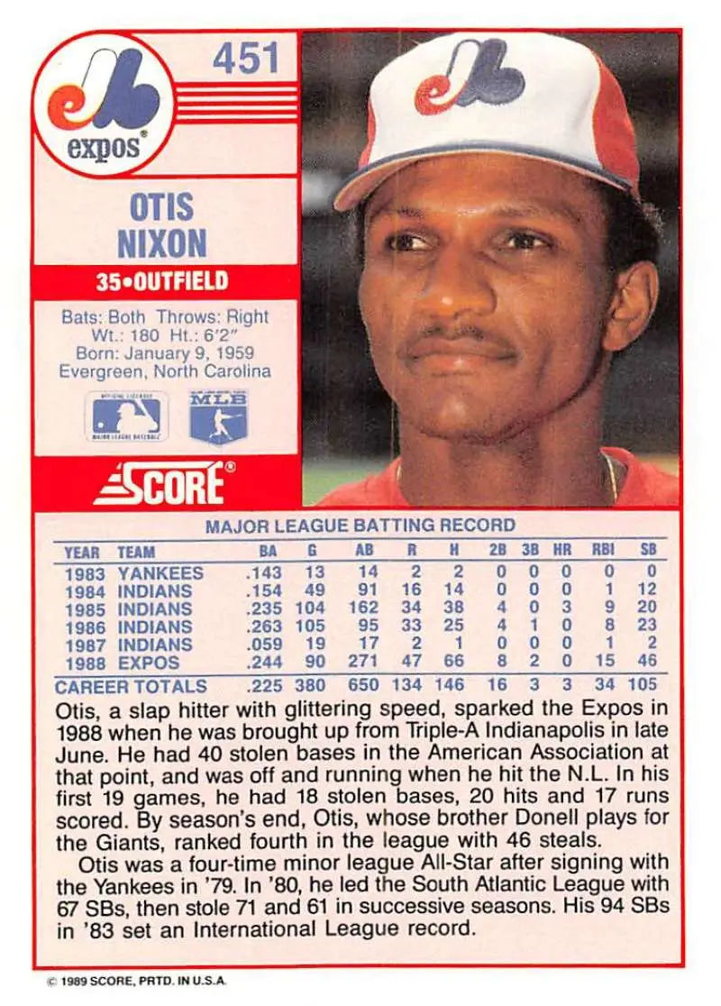 1989 Score #451 Otis Nixon NM-MT Montreal Expos Baseball Card - Baseball Card Single