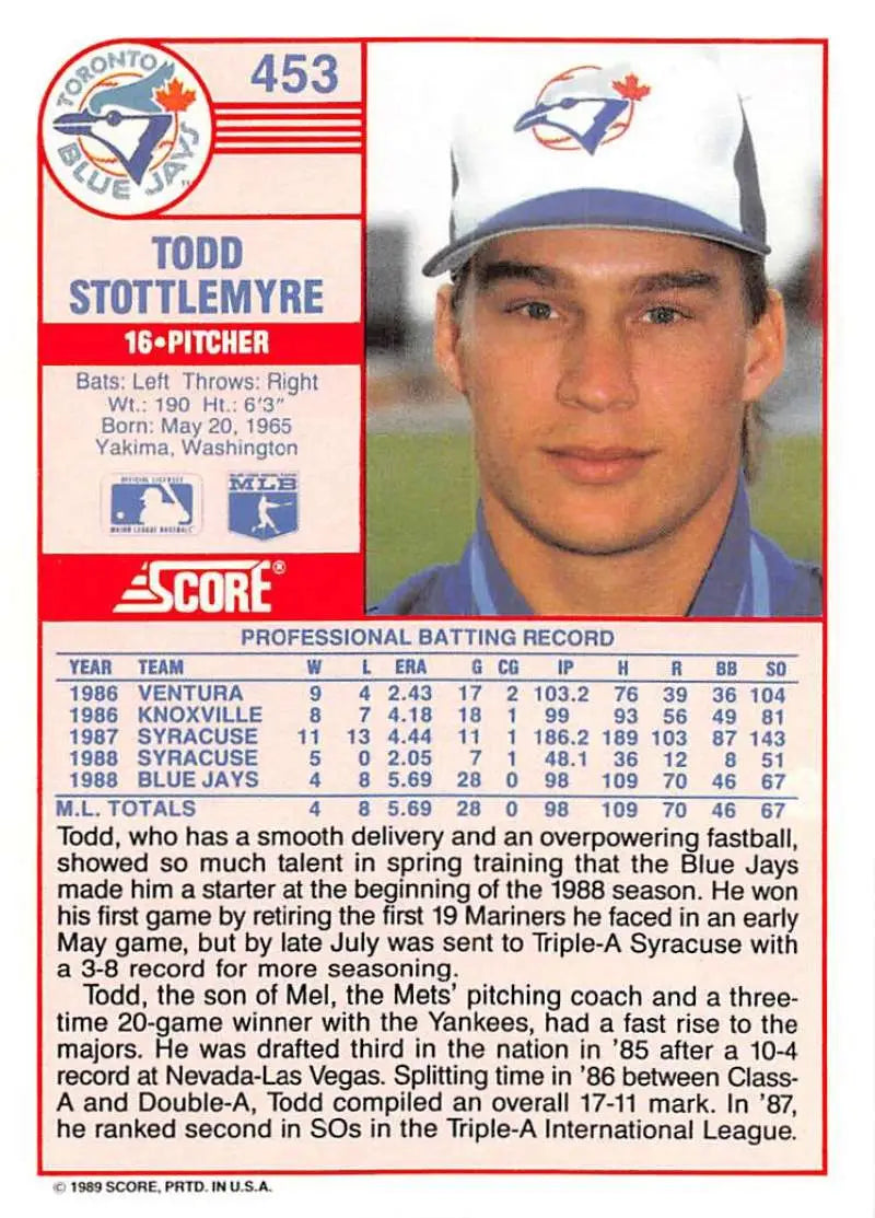 1989 Score #453 Todd Stottlemyre NM-MT Toronto Blue Jays Baseball Card - Baseball Card Single