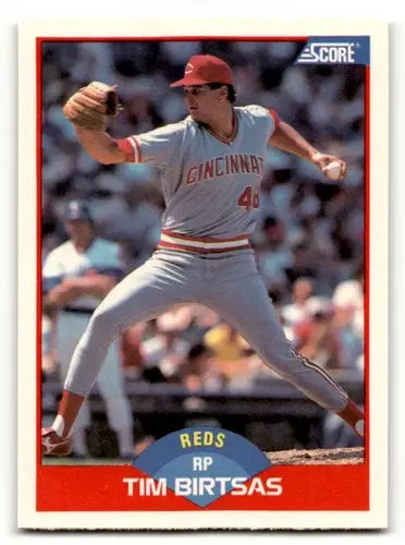 1989 Score Tim Birtsas Cincinnati Reds baseball card, EX/NM condition, ID 55084