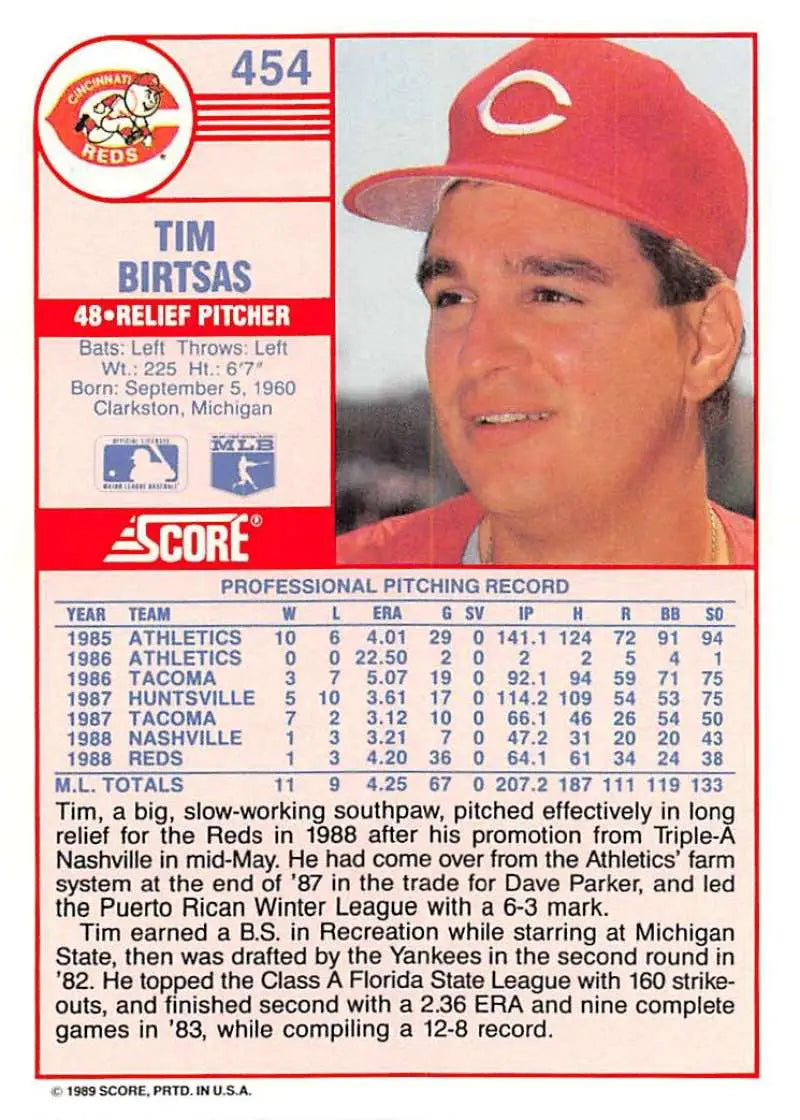 1989 Score #454 Tim Birtsas NM-MT Cincinnati Reds Baseball Card - Baseball Card Single