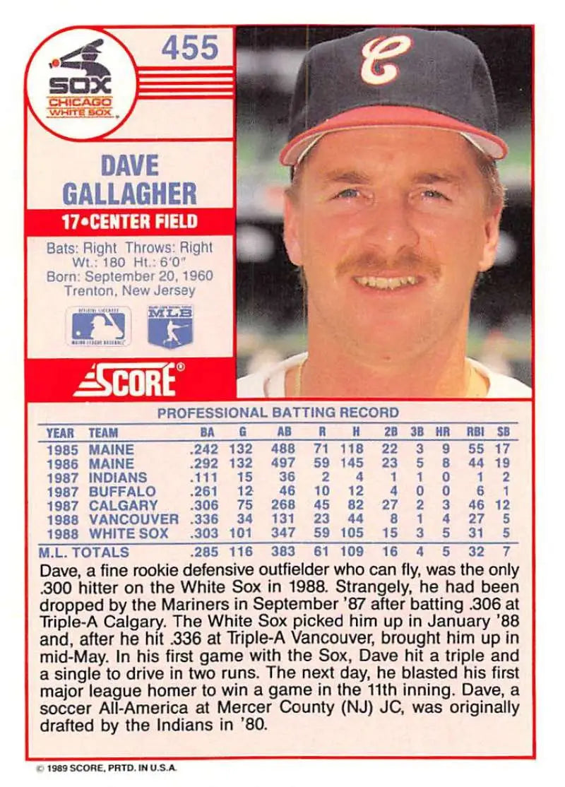 1989 Score #455 Dave Gallagher NM-MT RC Rookie Chicago White Sox Baseball Card - Baseball Card Single