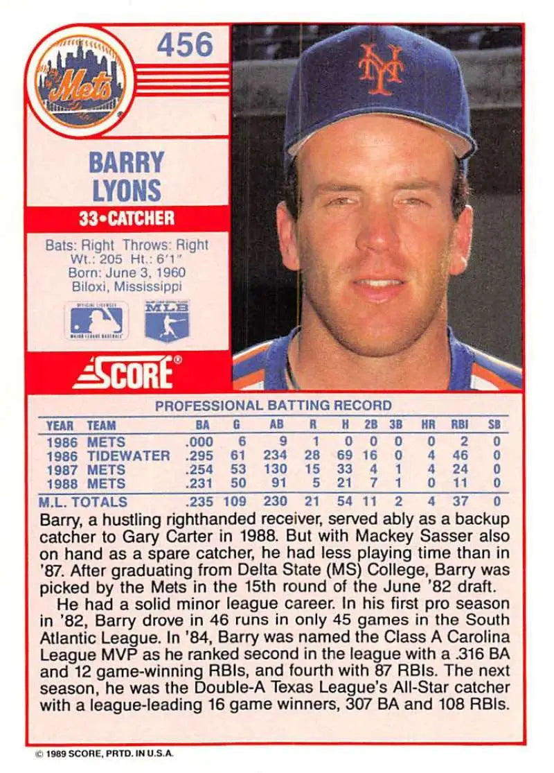 1989 Score #456 Barry Lyons NM-MT New York Mets Baseball Card - Baseball Card Single