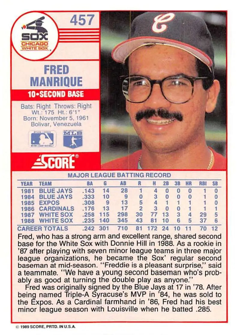 1989 Score #457 Fred Manrique NM-MT Chicago White Sox Baseball Card - Baseball Card Single