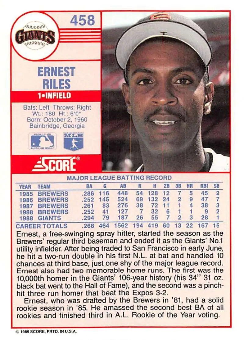 1989 Score #458 Ernest Riles NM-MT San Francisco Giants Baseball Card - Baseball Card Single