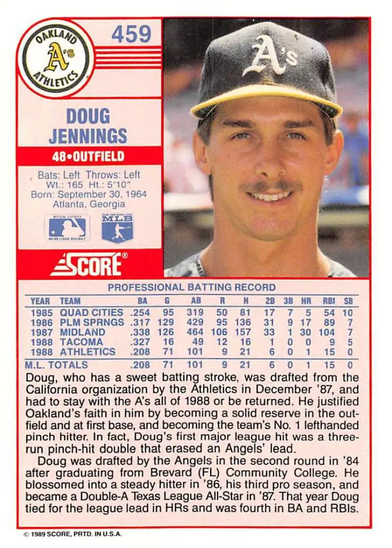 1989 Score #459 Doug Jennings NM-MT RC Rookie Oakland Athletics Baseball Card - Baseball Card Single