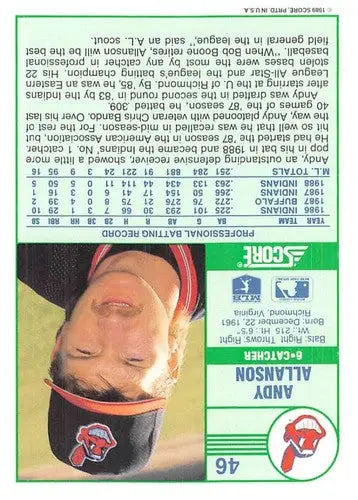 1989 Score #46 Andy Allanson NM-MT Indians ID:80219 - Baseball Card Single