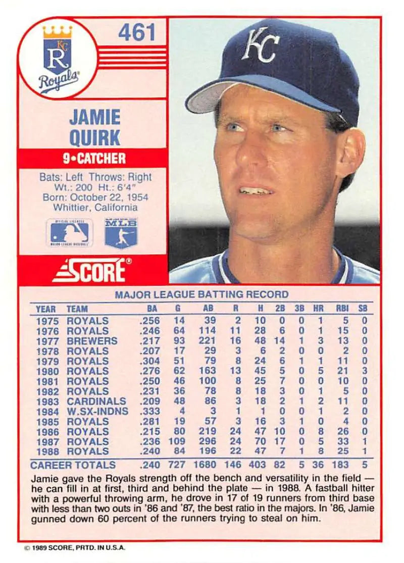 1989 Score #461 Jamie Quirk NM-MT Kansas City Royals Baseball Card - Baseball Card Single