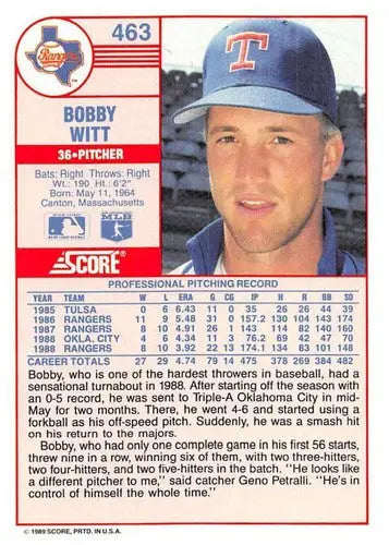 1989 Score Bobby Witt baseball card with original gloss and NM-MT condition