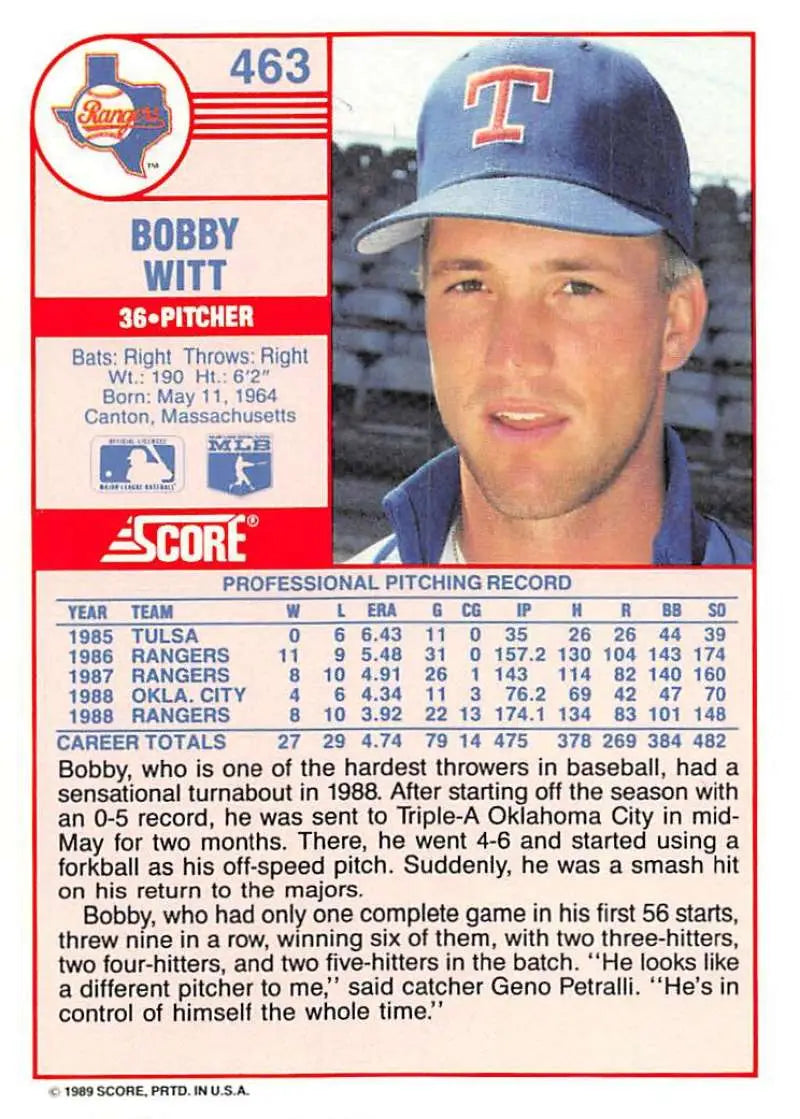 1989 Score #463 Bobby Witt NM-MT Texas Rangers Baseball Card - Baseball Card Single