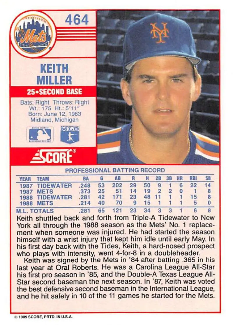 1989 Score #464 Keith Miller NM-MT New York Mets Baseball Card - Baseball Card Single