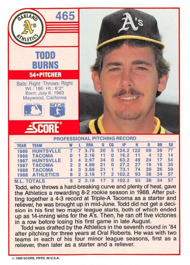 1989 Score #465 Todd Burns NM-MT RC Rookie Oakland Athletics Baseball Card - Baseball Card Single