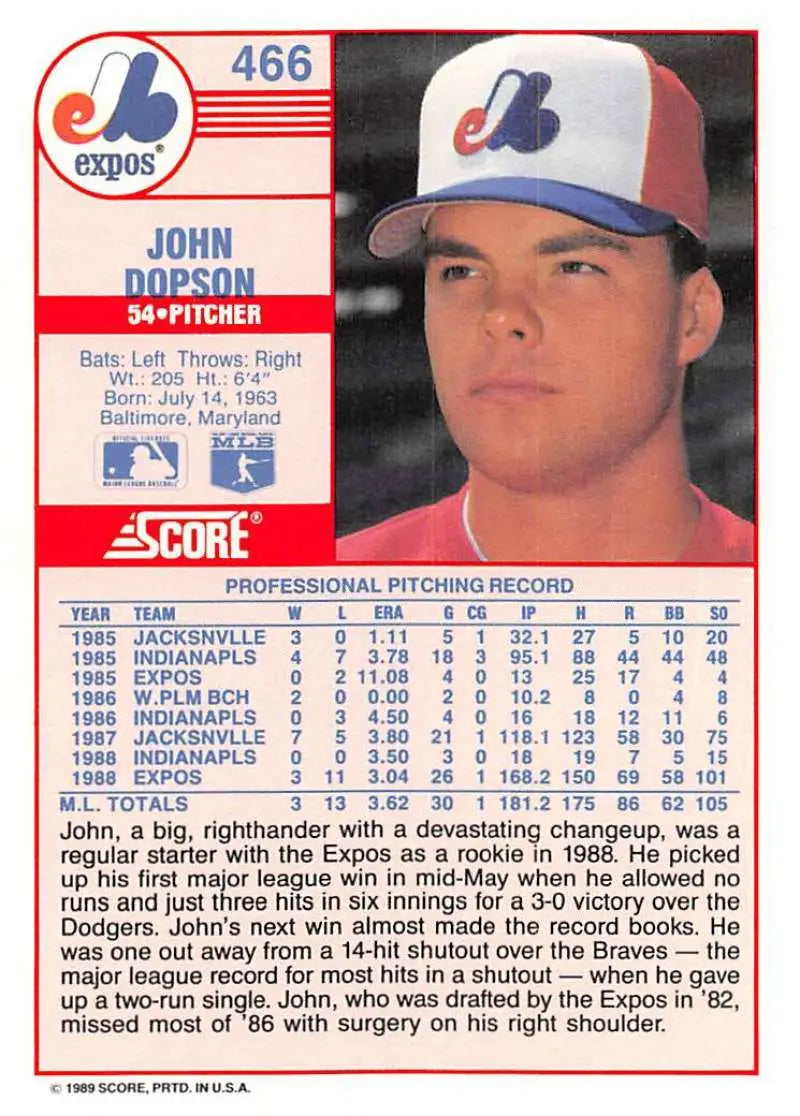 1989 Score #466 John Dopson NM-MT RC Rookie Montreal Expos Baseball Card - Baseball Card Single