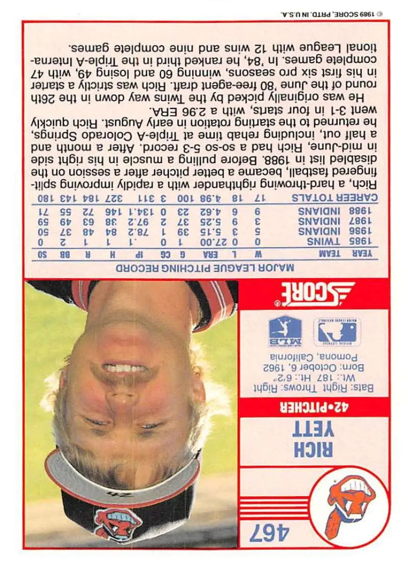 1989 Score #467 Rich Yett NM-MT Cleveland Indians Baseball Card - Baseball Card Single