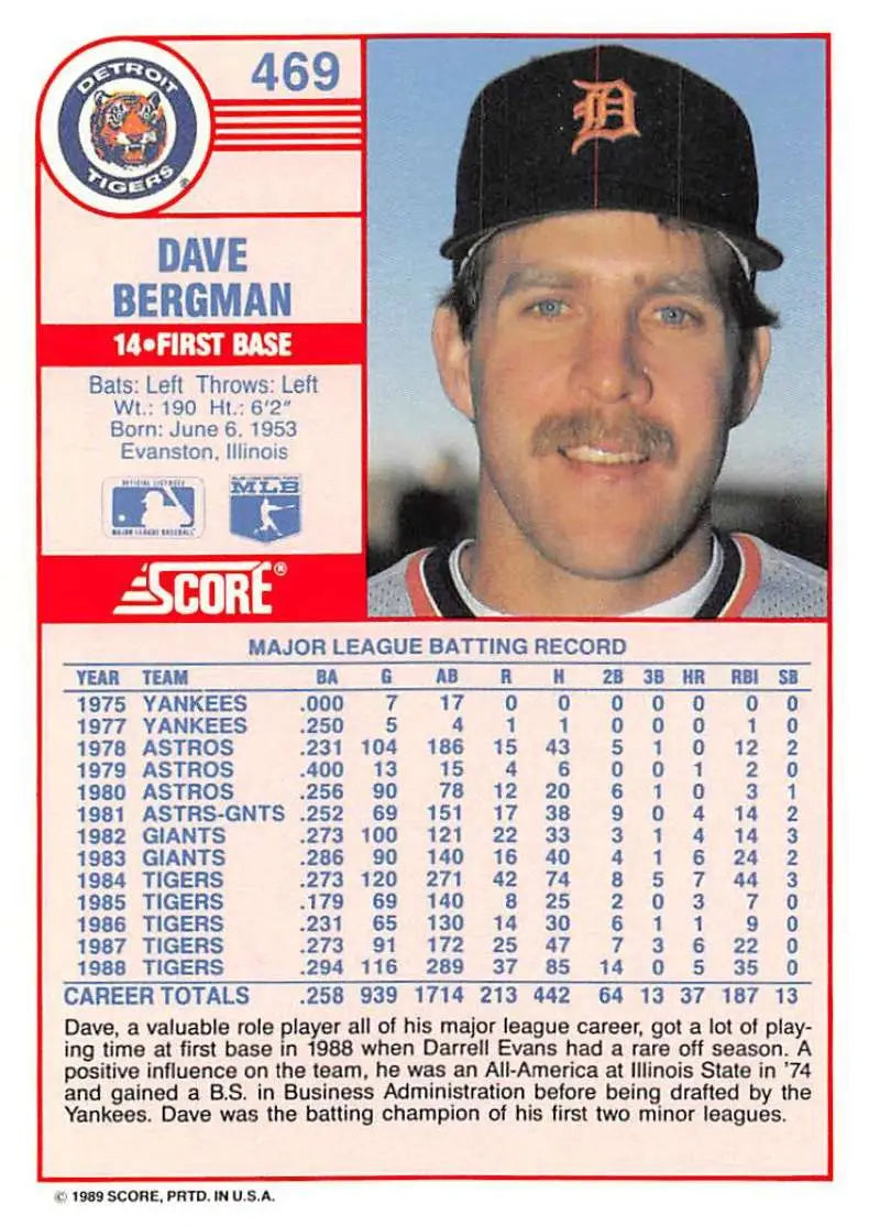 1989 Score #469 Dave Bergman NM-MT Detroit Tigers Baseball Card - Baseball Card Single