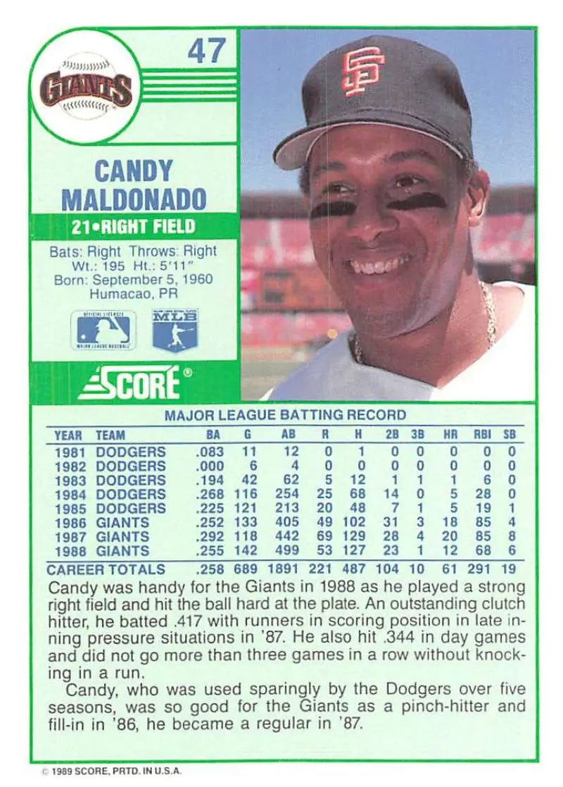 1989 Score #47 Candy Maldonado NM-MT San Francisco Giants Baseball Card - Baseball Card Single