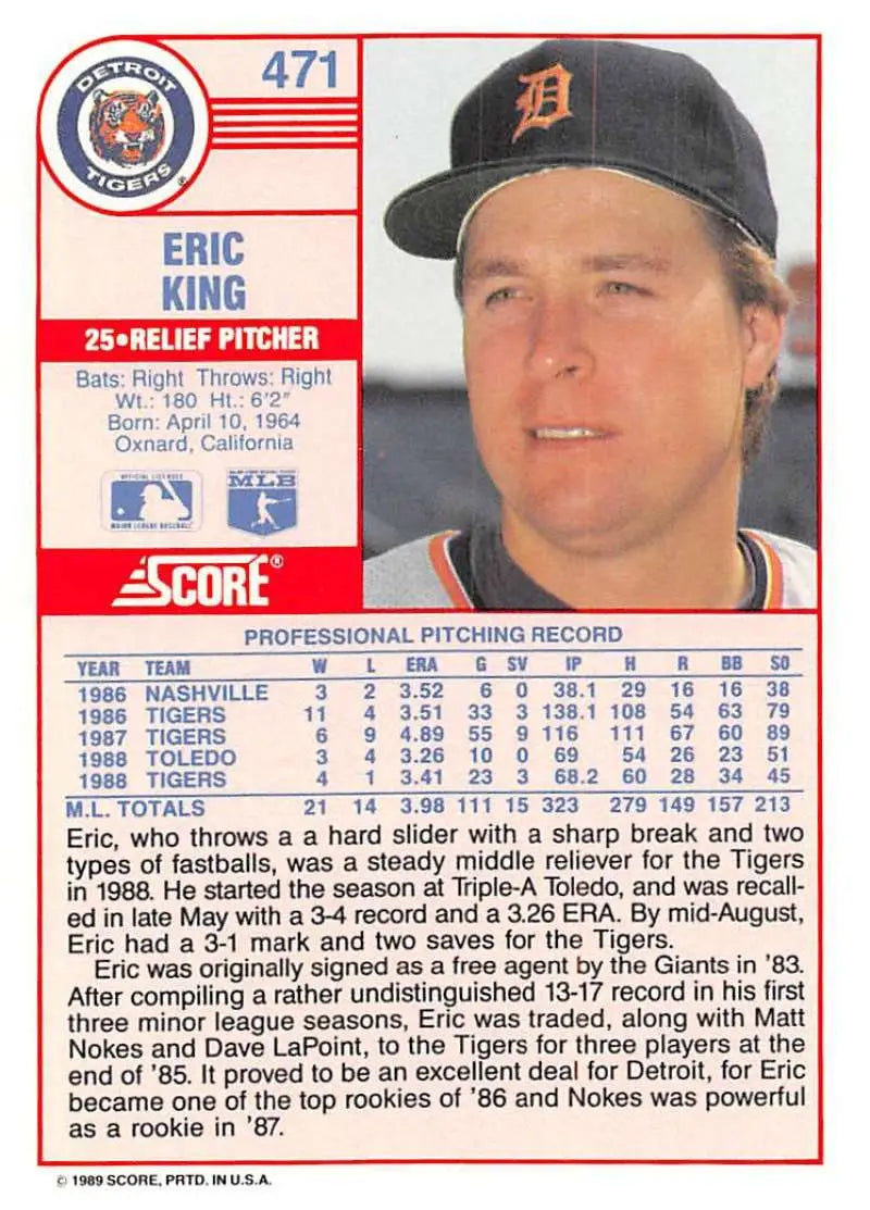 1989 Score #471 Eric King NM-MT Detroit Tigers Baseball Card - Baseball Card Single
