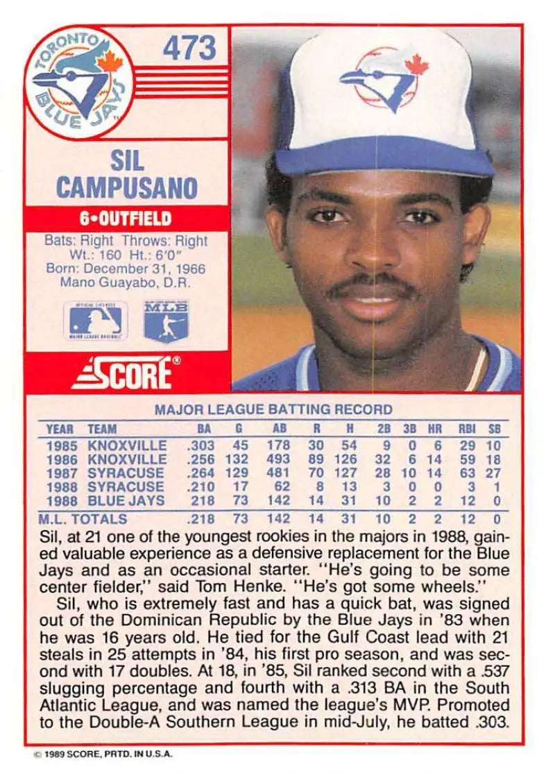 1989 Score #473 Sil Campusano NM-MT RC Rookie Toronto Blue Jays Baseball Card - Baseball Card Single