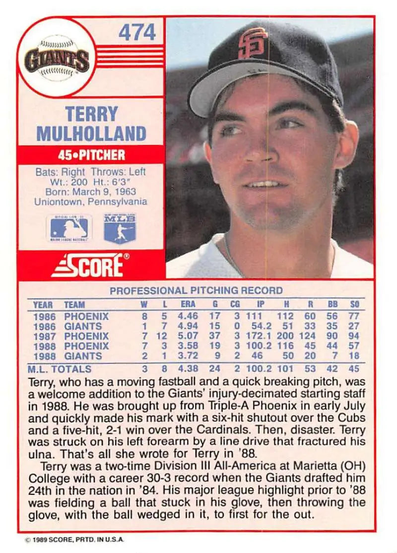 1989 Score #474 Terry Mulholland NM-MT San Francisco Giants Baseball Card - Baseball Card Single