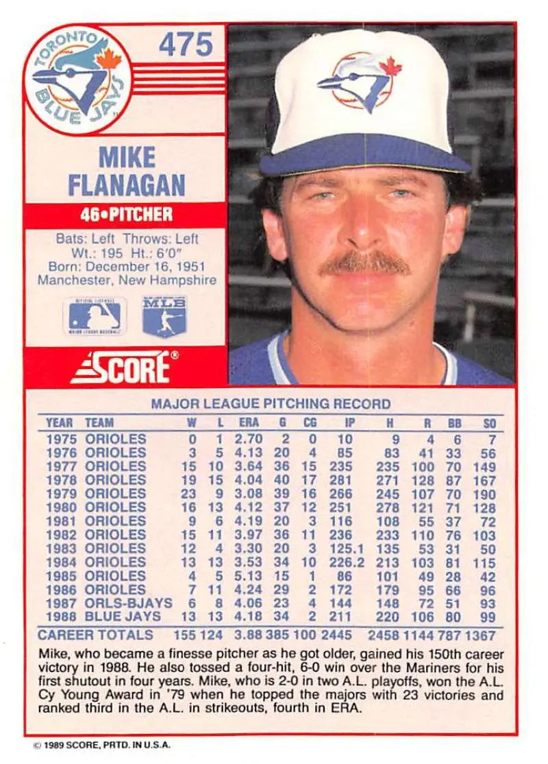 1989 Score #475 Mike Flanagan NM-MT Toronto Blue Jays Baseball Card - Baseball Card Single
