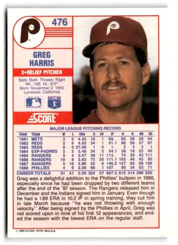 1989 Score #476 Greg Harris EX/NM Phillies ID:66793 - Baseball Card Single