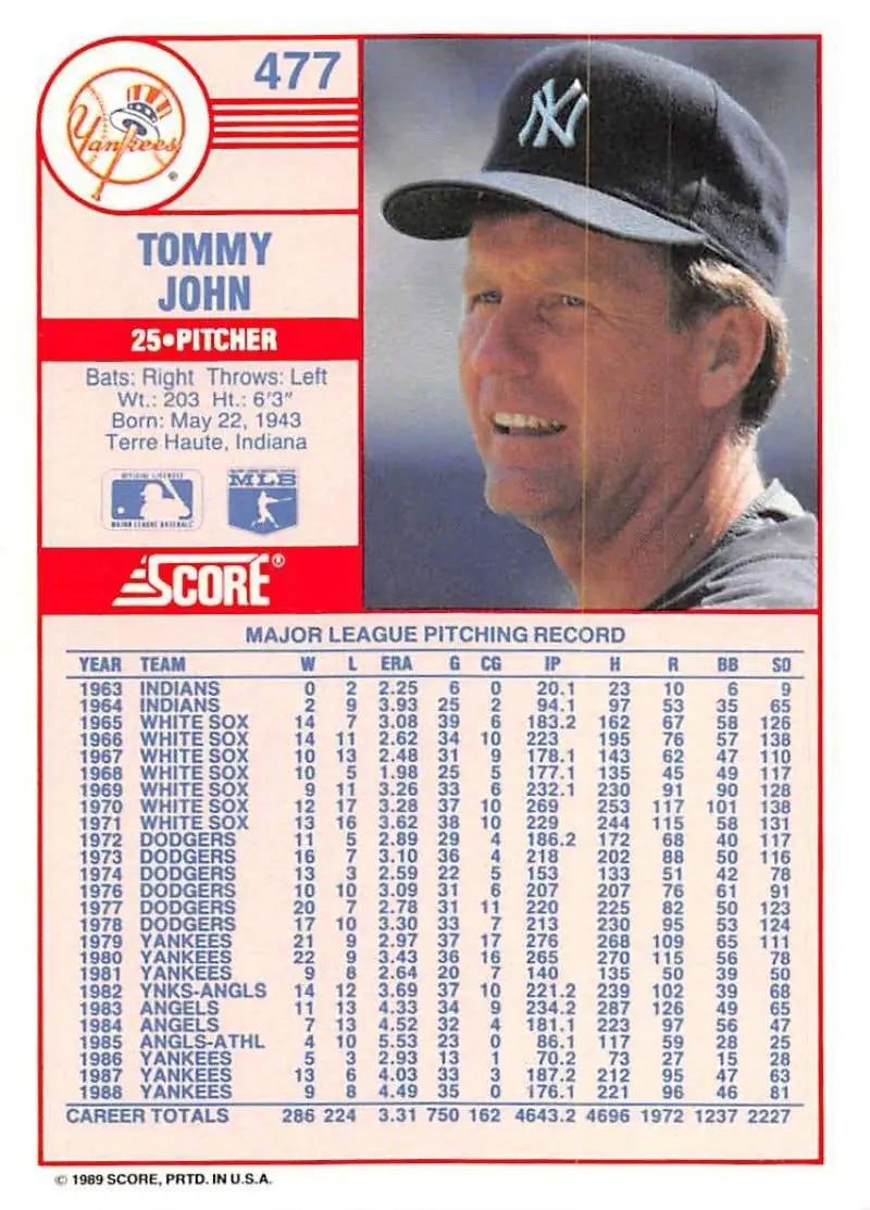 1989 Score #477 Tommy John NM-MT New York Yankees Baseball Card - Baseball Card Single