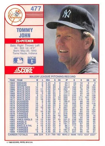 1989 Score #477 Tommy John NM-MT Yankees ID:11915 - Baseball Card Single