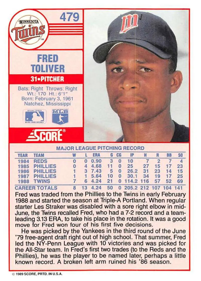 1989 Score #479 Freddie Toliver NM-MT Minnesota Twins Baseball Card - Baseball Card Single