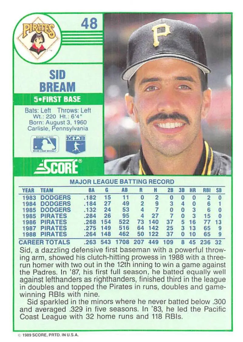1989 Score #48 Sid Bream NM-MT Pittsburgh Pirates Baseball Card - Baseball Card Single