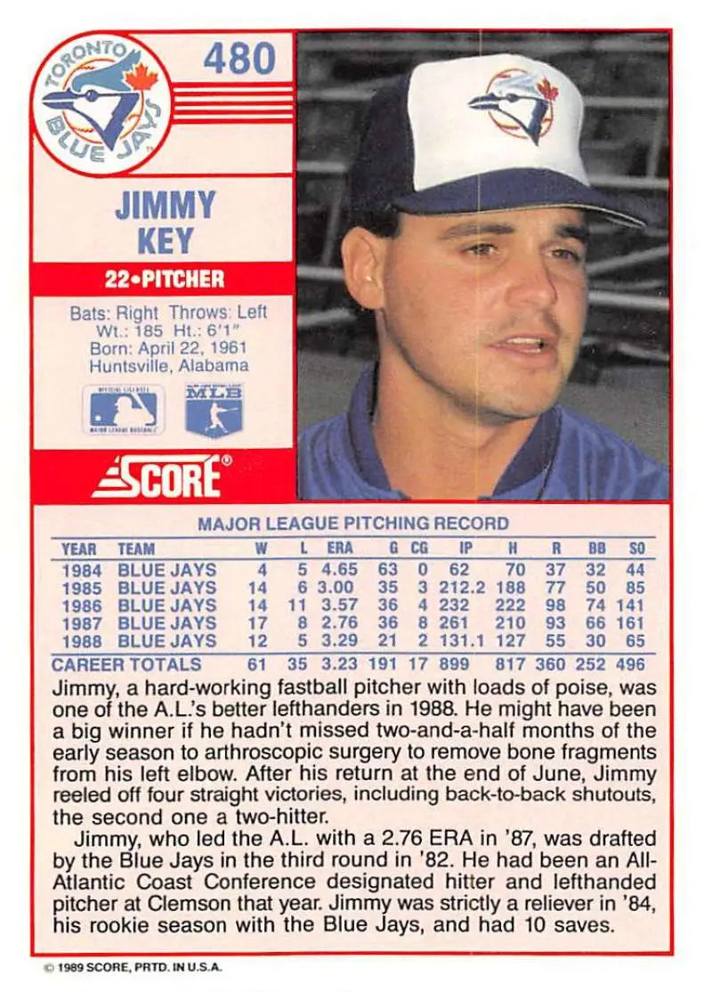 1989 Score #480 Jimmy Key NM-MT Toronto Blue Jays Baseball Card - Baseball Card Single