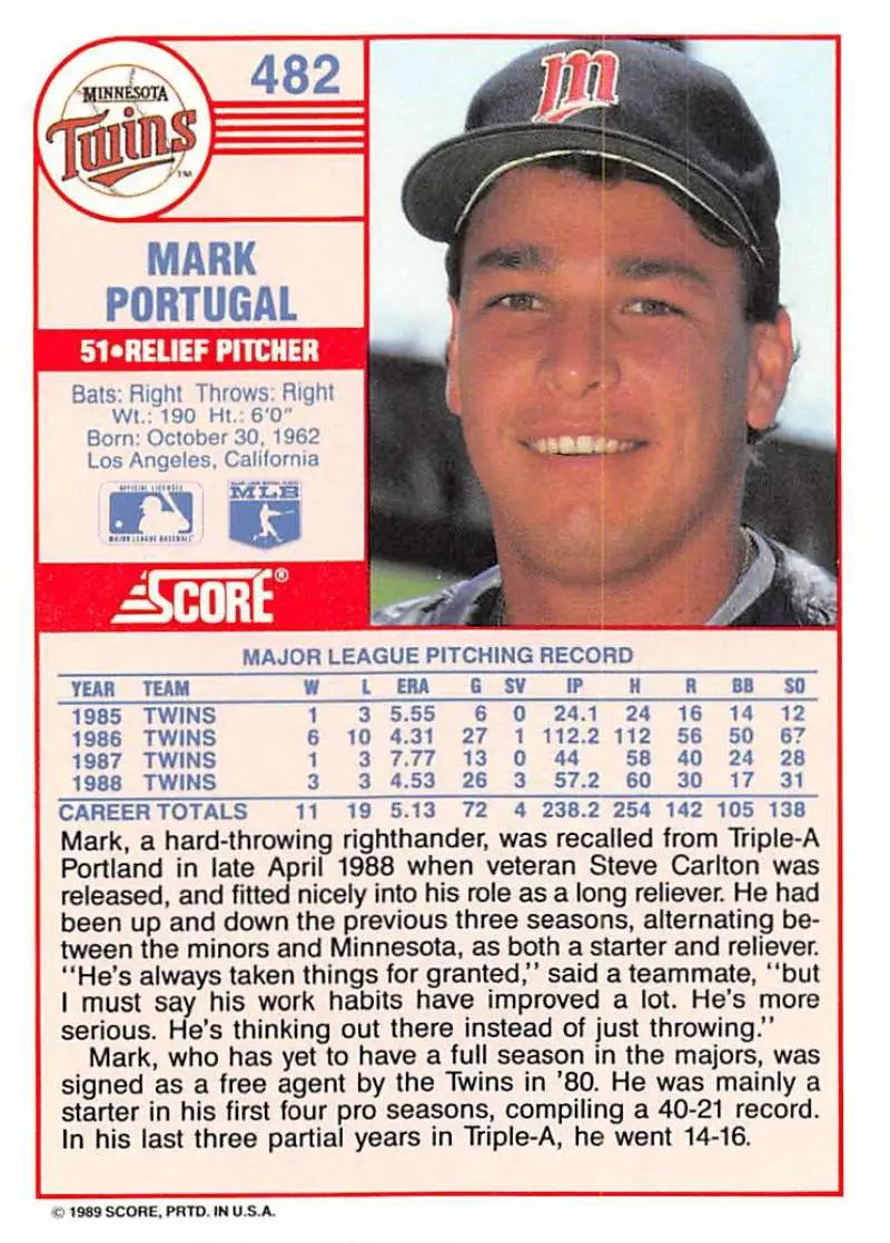 1989 Score #482 Mark Portugal NM-MT Minnesota Twins Baseball Card - Baseball Card Single