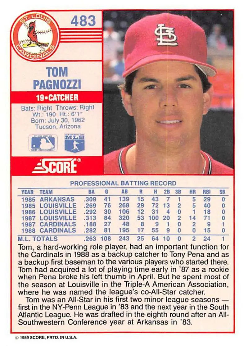 1989 Score #483 Tom Pagnozzi NM-MT St. Louis Cardinals Baseball Card - Baseball Card Single