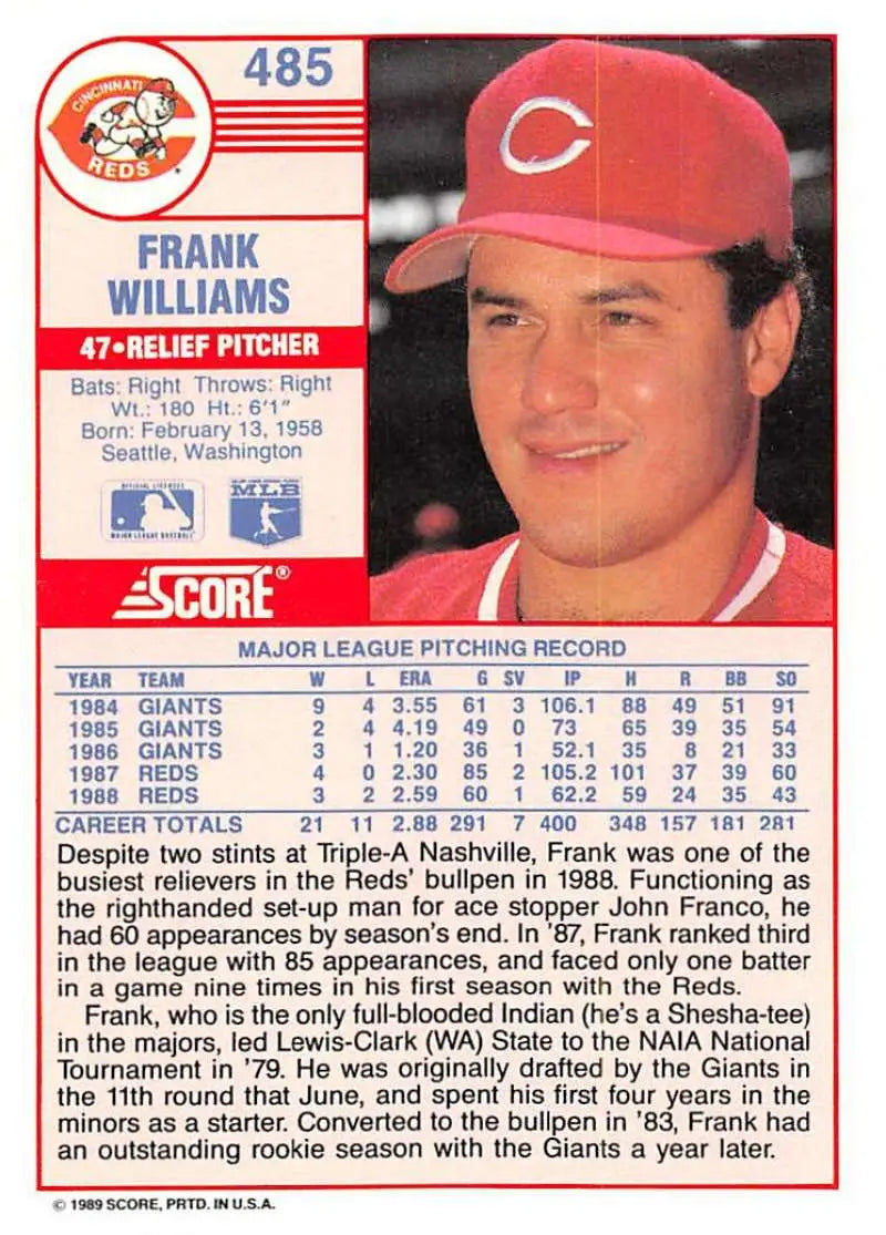 1989 Score #485 Frank Williams NM-MT Cincinnati Reds Baseball Card - Baseball Card Single